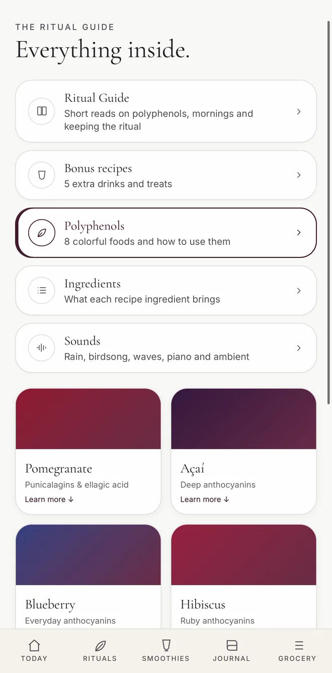 The Ritual Guide screen titled Everything inside, listing Ritual Guide, Bonus recipes, Polyphenols, Ingredients and Sounds.