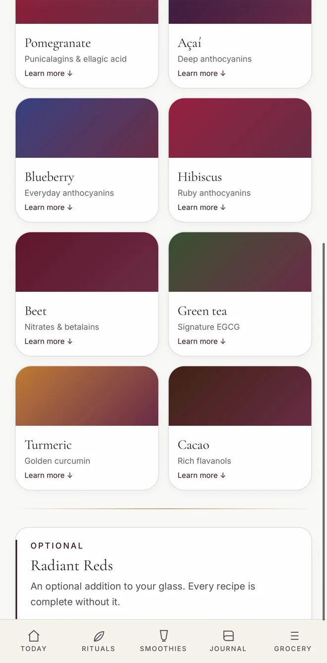 The Polyphenols page: deep red, purple and green cards for pomegranate, acai, blueberry, hibiscus, beet and green tea.