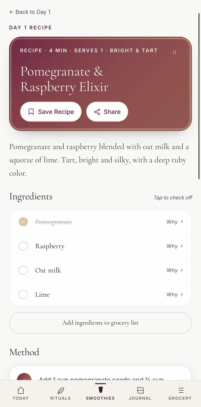 A recipe in the app, Pomegranate and Raspberry Elixir, on a deep berry card: 4 minutes, serves 1, bright and tart, with Save Recipe and Share buttons, a short description and the ingredient checklist.