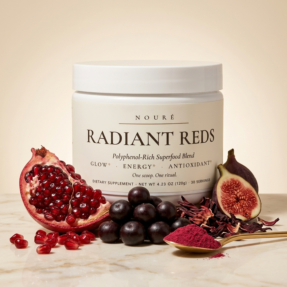 Radiant Reds jar with pomegranate, açaí berries, and red superfruit powder