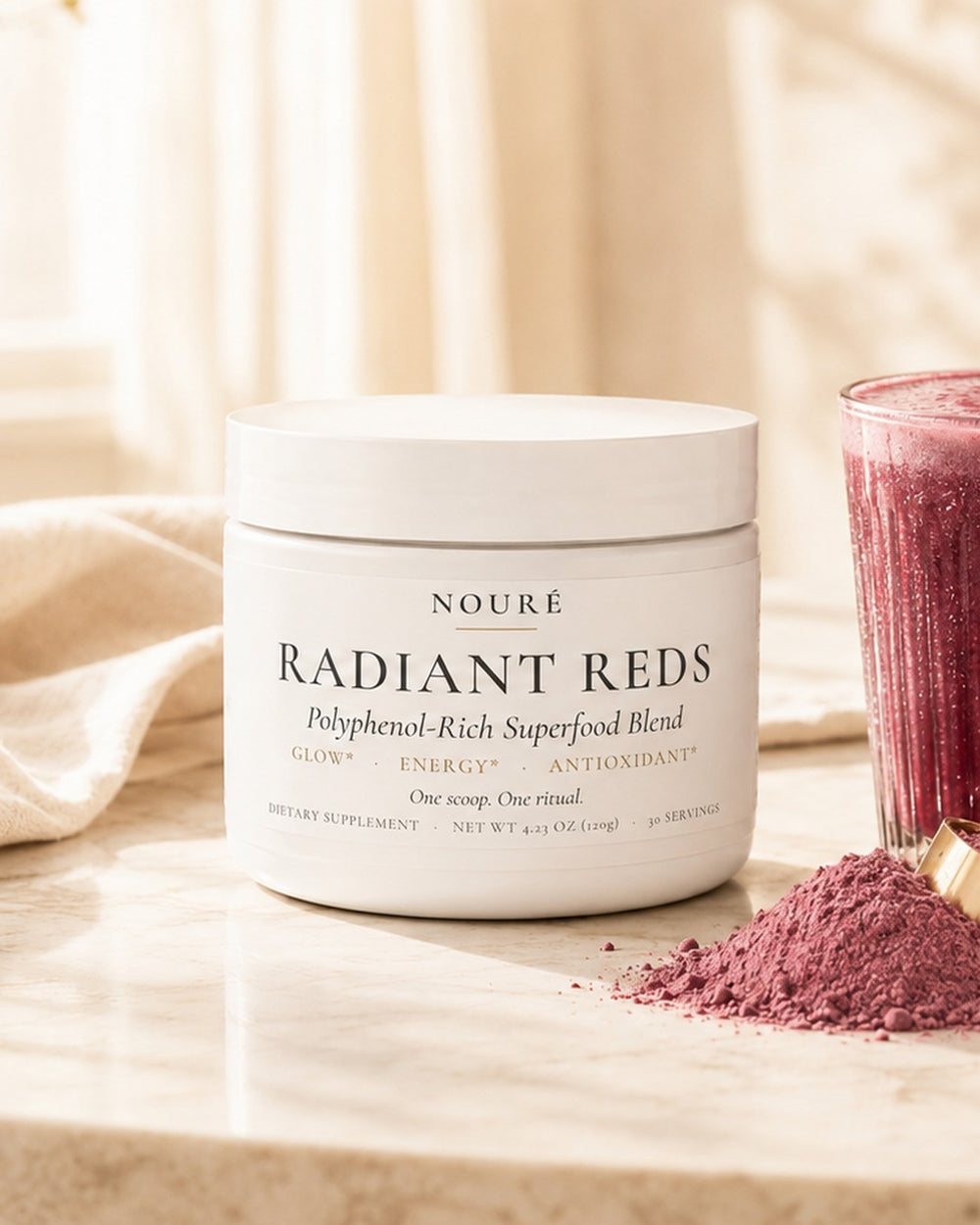 Radiant Reds pouch with pomegranate, açaí berries, and red superfruit powder