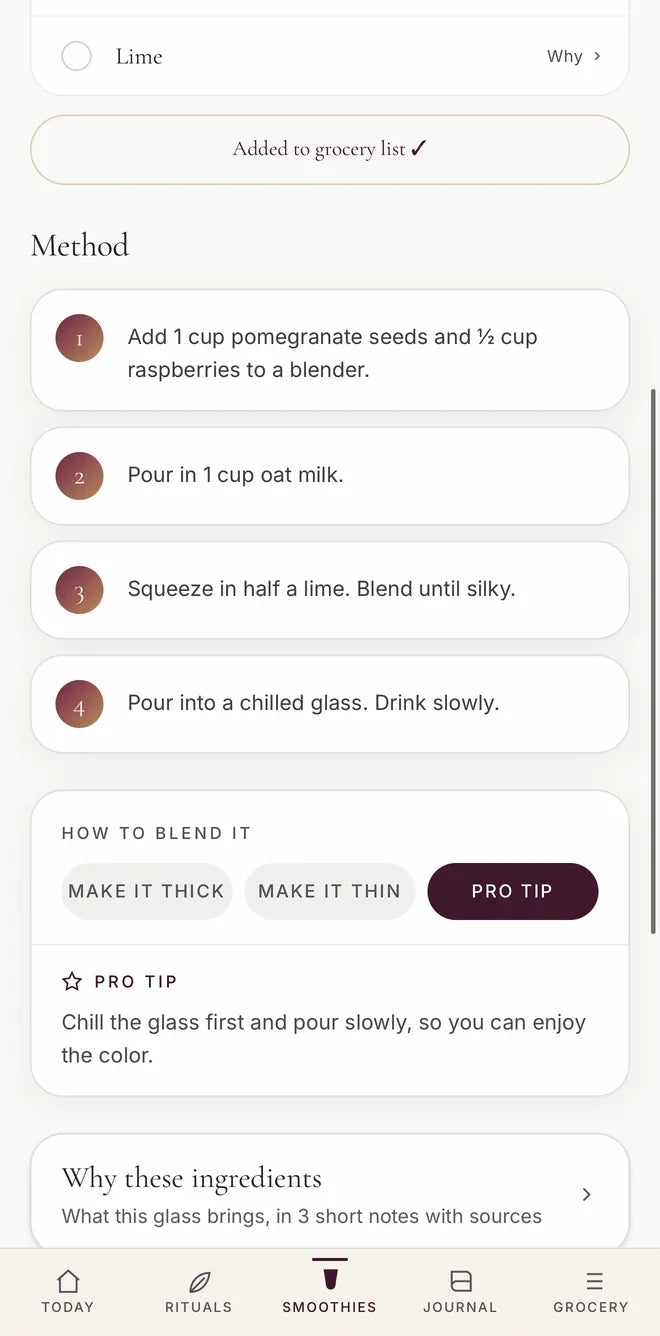 The Method section of the Pomegranate and Raspberry Elixir: four numbered steps, then How to blend it with Make it thick, Make it thin and Pro tip, and the tip to chill the glass first.