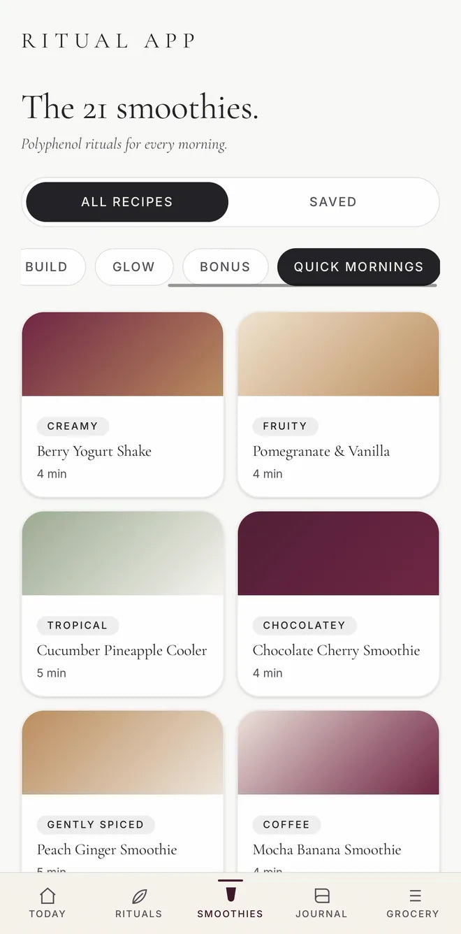 The recipe library filtered to Quick Mornings: Berry Yogurt Shake, Pomegranate and Vanilla, Cucumber Pineapple Cooler, Chocolate Cherry Smoothie, Peach Ginger Smoothie and Mocha Banana Smoothie, each 4 or 5 minutes.