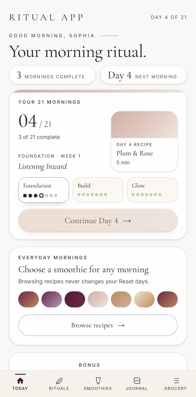 The app's Today screen for Sophia on Day 4: 3 mornings complete, today's recipe Plum and Rose at 5 minutes, a Continue Day 4 button and a row of recipe colors under Everyday Mornings.